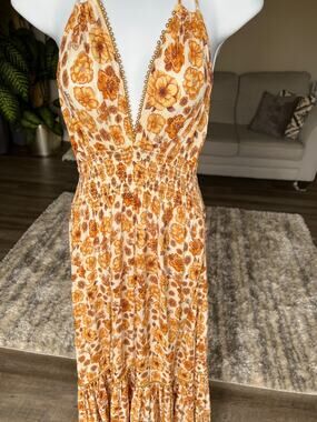MIRA Orange Floral Print Tiered Maxi Dress V Neck Wrap L #865